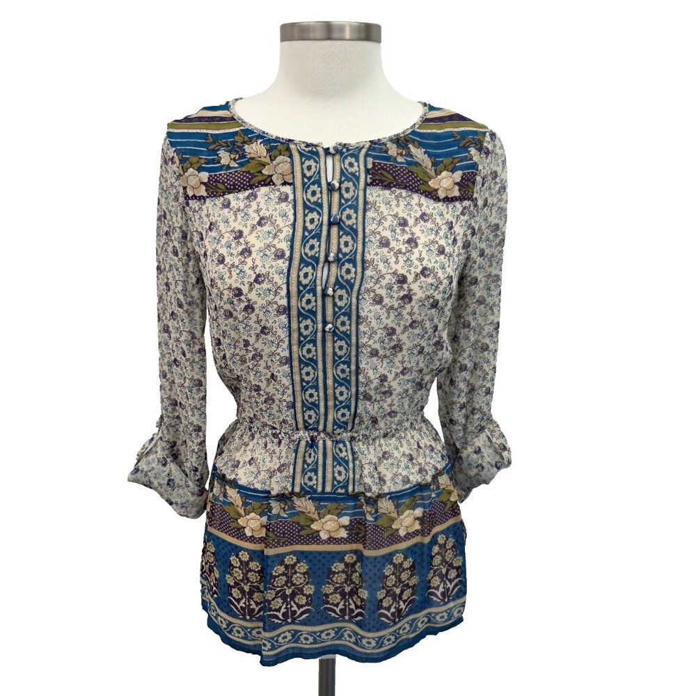Lucky Brand Womens‎ Savannah Gypsy Boho Peasant Top Blouse Small Roll Tab Sleeve